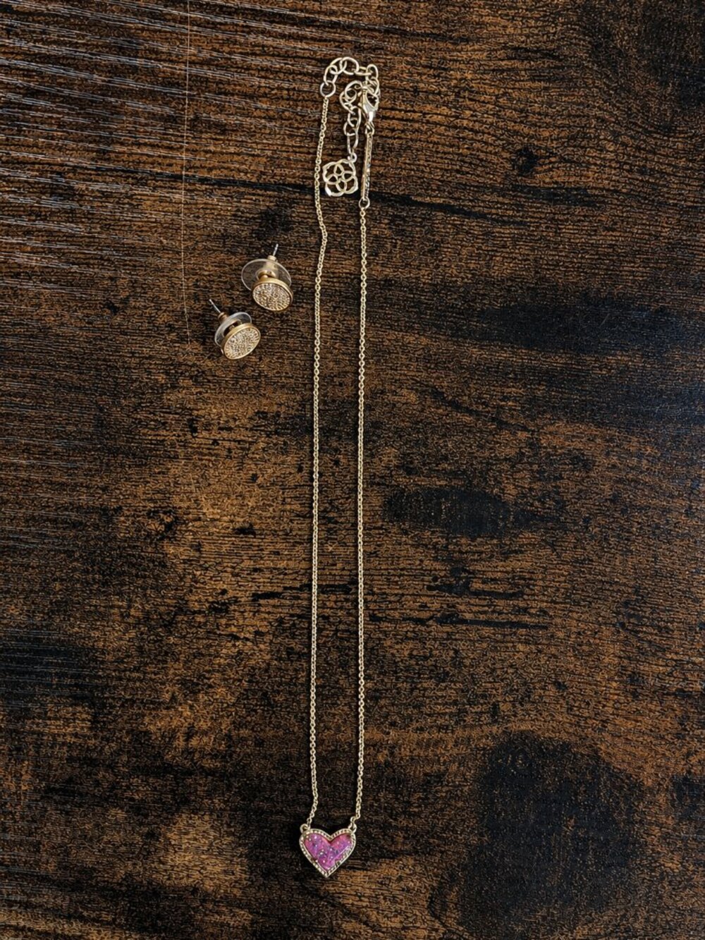 Kendra Scott Pink Heart Necklace + Gold Earrings